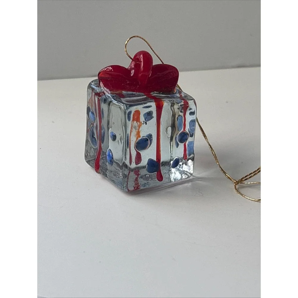 Artisan Lampwork Glass Present Ornament Solid Hand Blown Gift Box Blue Polka Dot